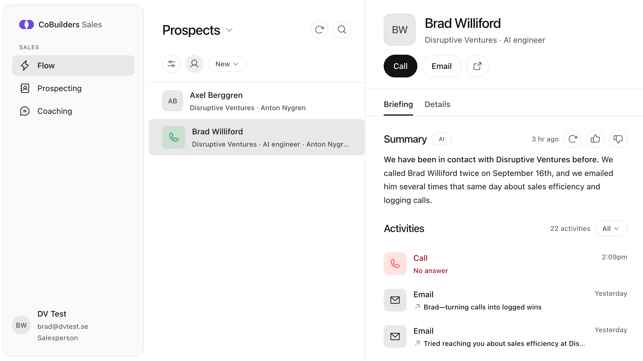 Flow showing a list of prospects and details for the selected contact